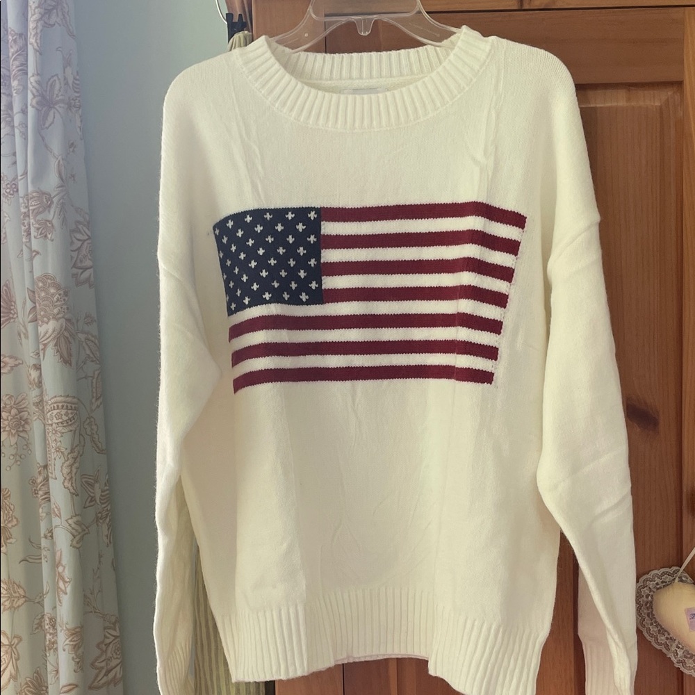 Cream Crewneck Sweater with Flag Motif